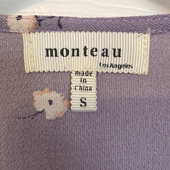 Monteau Small Womens Top Ruffles Purple Light Flowers Tie Bottom Style 28530 - Picture 4 of 8